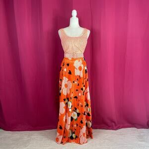 Vintage 60s 70s Mary Martin vibrant orange polka dot belted maxi dress, 12